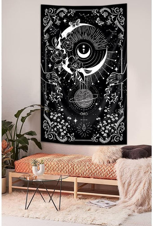 Riyidecor Gothic Vertical Goth Tapestry Wiccan Witch Wall Hanging Moon Tarot 30Wx50H Inch Goth Black White Aesthetic Floral Small Bohemian Stars M...