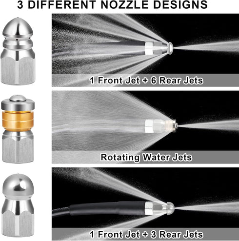 Sewer Jetter Nozzles, Drain Cleaning Nozzles Tips for Pressure Washer, 3 Pieces Stainless Steel Jets for Drain Jetting Hose, Button Nose Rotating ...