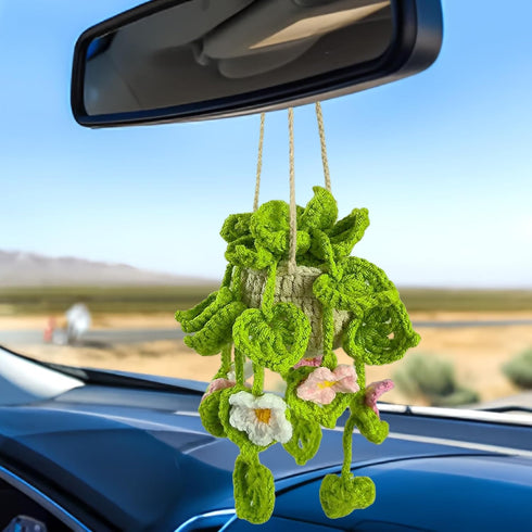 Crochet Hanging Plant for Car Cute Crochet Hanging Basket Flower Ornament Accessories Rearview Mirrior Handmade Knitted Lovers Gifts (Pink Petal)...