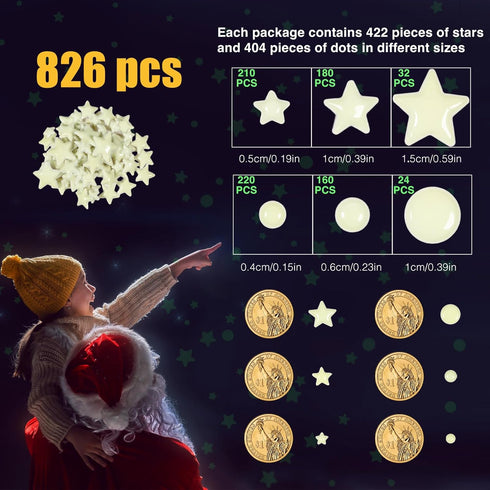 Realistic Tiny 3D Domed Glow in The Dark Stars, 826pcs Glow Dots and Stars, Adhesive Glow Stars for Kids Bedroom,Luminous Stars Stickers Create a ...