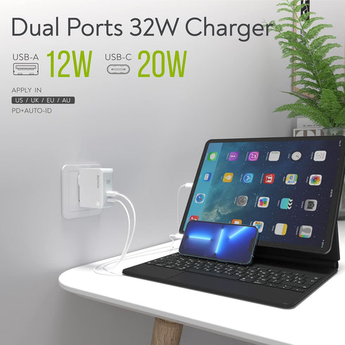 USB C Charger, MANTO 30W 2 Port PD Fast Charger with 20W USB-C Power Adapter, Foldable International Travel Adapter with UK US EU Australia Plug f...