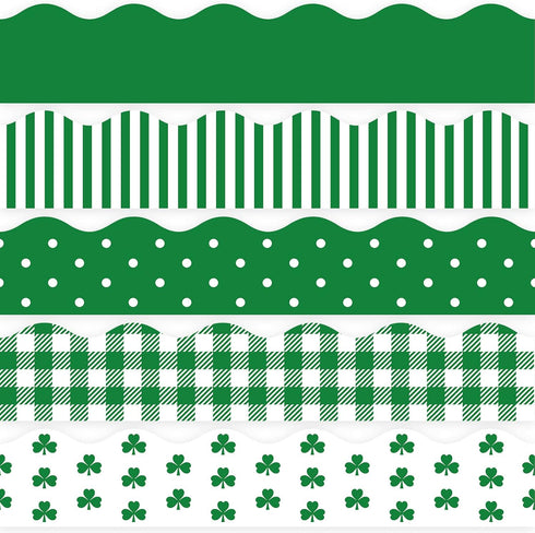 65 Feet St. Patrick's Day Bulletin Board Borders Clover Spot Stripe Plaid Rolled Border Scalloped Border 5 Styles 60 Pieces Bulletin Board Sticker...