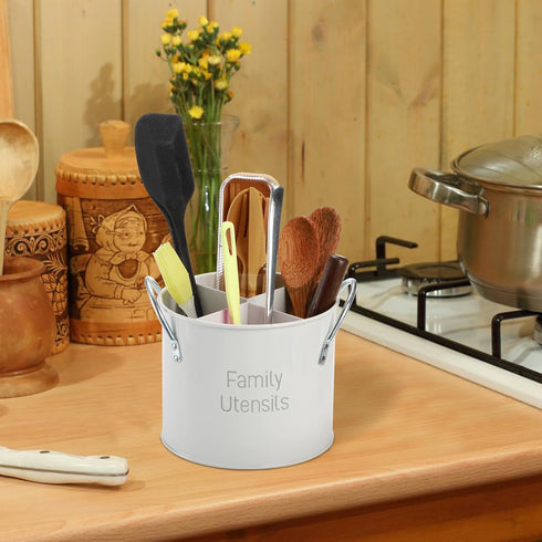 4 Compartment Kitchen Utensil Holder, 5.7 Inch Large Metal Utensil Caddy for Countertop, Utensil Crock Organizer with Removable Divider, Silverwar...