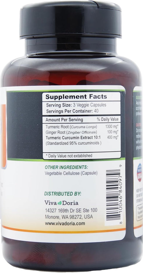 Viva Doria Turmeric Curcumin with Ginger, 95% Standardized Curcuminoids, Turmeric Herbal Extract, 1800mg, 120 Capsules...