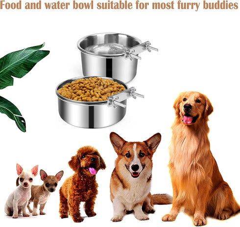 2 PCS Stainless Steel Pet Bowls Anti-Spill Metal Feeder Food and Water Feeding Bowl, Hanging Pet Cage Crate Bowl for Puppy Kennel Medium and Large...