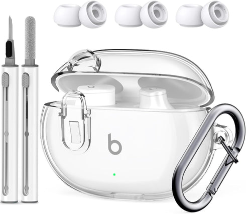 Beats Studio Buds/Studio Buds Plus Case Cover Clear 2021/2023 with Key Fob and Earbud Cleaning Kit, Secure Lock Protective Case Cover for New Beat...