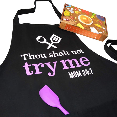Cooking Apron for Mom with Spatula and Gift Box, Funny Kitchen Apron with 3 Pockets, Mom Gift, Cute Apron, Mother's Day Gift (Thou Shalt Not Try M...