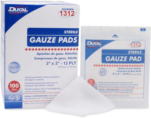 Dukal Sterile Gauze Pads, 100% Woven Cotton and Individually Wrapped, 3" x 3", 12-Ply Pad, Box of 100...