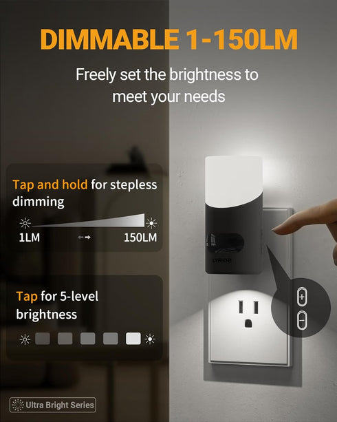 Lyridz Motion Sensor Night Light, LED Night Lights Plug into Wall, 1-150LM Dimmable Night Light Indoor for Hallway, Stairs, Bedroom, Garage, Bathr...