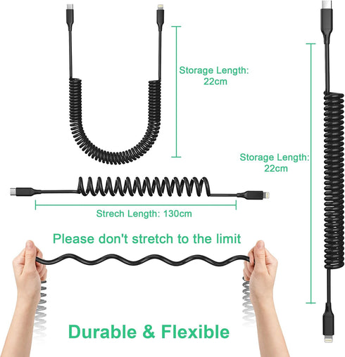 Coiled USB-C to Lightning Cable, MFi Certified Retractable USB C iPhone Charger Cord Charging Cable Compatible with iPhone 14 13 12 11 Pro Max XR ...