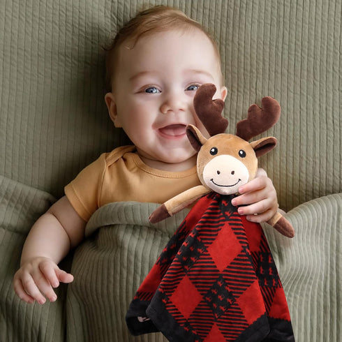 Moose Baby Lovey Security Blanket Unisex Baby Snuggly Buffalo Plaid Animal Face Soft Bedding Sleeping Plush Kids Newborn Nursery Baby Shower Blank...
