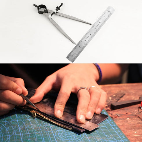 6 Inch Adjustable Lockable Steel Divider Wing Leather Compass with 8 Inch Stainless Steel Ruler?for Woodworking & Leather Craft, Marking & Scribe ...