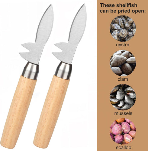 2 Pcs Oyster Shucking Knife, Upgraded Oyster Knife, with Stainless Steel Thickened Blade, a V-Shaped Notch, Wooden Non-slip Handle, Oyster Shucker...