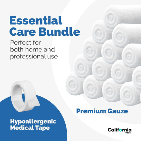 California Basics 12-Pack Gauze Bandage Roll with Tape, 2 Inches x 4 Yards - Soft, Stretchable & Breathable Wrap for Wound Care, First Aid & Medic...