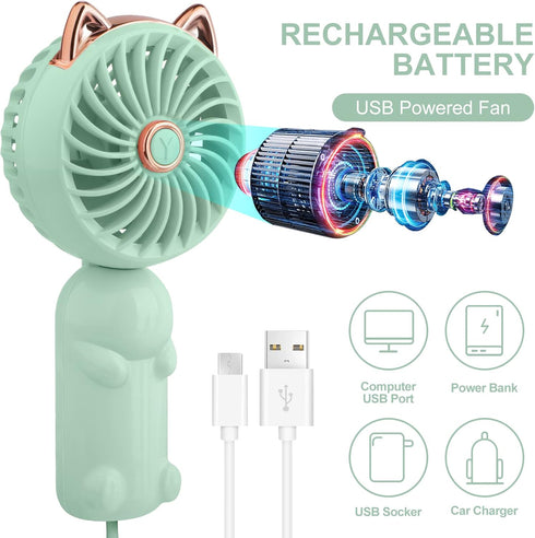 QearFun Handheld Fan Portable, Mini Hand Held Fan with USB Rechargeable Battery, 3 Speed Personal Desk Table Fan with Base, 8-12 Hours Operated Sm...