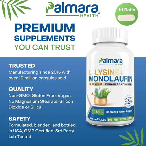 L-Lysine + Monolaurin 600mg 1:1 Ratio, 1 Pack, 100 Capsules...