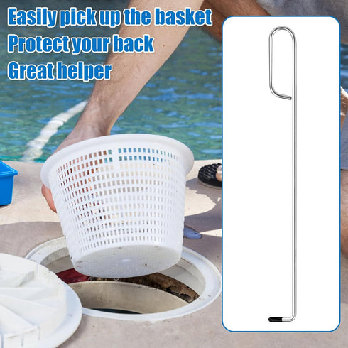 Swimming Pool Skimmer Basket Hook, 14.57in Long Skimmer Lid Lifting & Remover Tool Stainless Steel Skimmer Basket Extension Handle Debris Cleaner ...