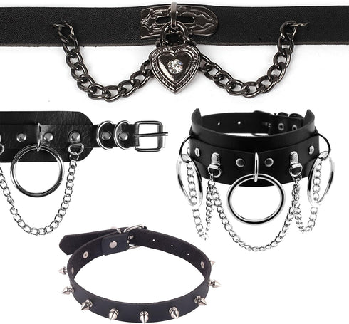 4Pcs Halloween Cool Steampunk Heart Shaped Rock Rivet PU Leather Choker Collar Necklace Punk Leather Necklaces Gothic Collar Necklace Halloween Co...