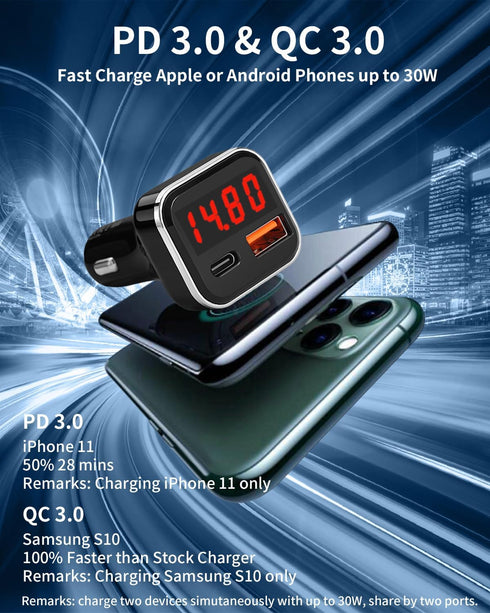 USB C Car Charger Adapter with Volt Meter, 30W Cigarette Lighter Adapter with Voltmeter, Type C Car Charger Fast Charging 12V, PD & QC 3.0 Compati...