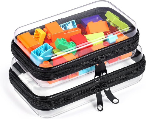 2 Pack Zippered Hard Pouch, Clear Plastic Storage Box Containers Small Toiletry Bag, Clear Hard Shell Zipper Case for Small Items, Toys, Building ...