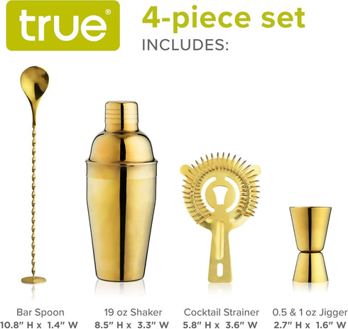 True 4-Piece Cocktail Shaker Set Includes Cobbler Shaker, Strainer, Jigger, Bar Spoon for Classic Cocktails, Mixed Drinks, Cold Brew, Home Bar Too...