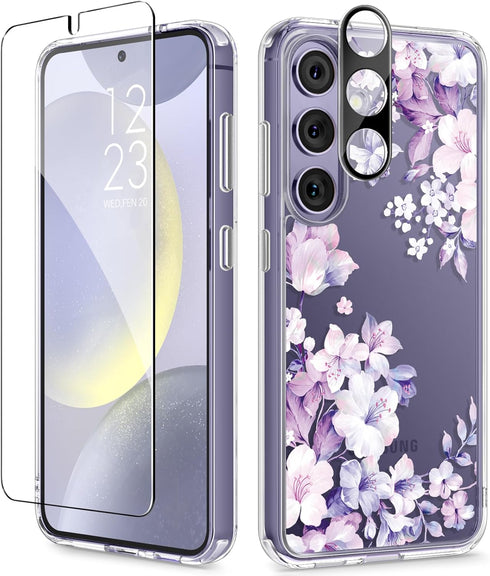 GVIEWIN for Samsung Galaxy S24 Case Floral, with Screen Protector & Camera Lens Protector, Hard PC&TPU Bumper Clear Shockproof Protective Women Ph...