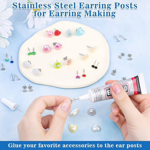 Jewelry Glue with Earring Posts,1002Pcs Stainless Steel Earring Posts with Butterfly and Rubber Earring Backs, Hypoallergenic Stud Earring Posts w...
