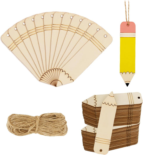 Whaline 50Pcs Back to School DIY Craft Cutout Wooden Pencil Shaped Hanging Ornaments with Hemp Rope for First Day of School Classroom Party Decora...