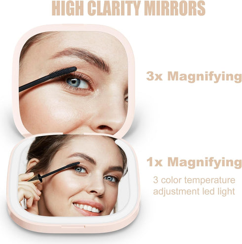 MY BEAUTY LIGHT Compact Mirror, Lighted 1X/3X Magnifying 2-Sided Travel Makeup Mirror, Portable Bright Pocket Mirror for Handbag and Purse, USB Ch...