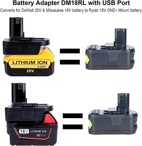 DM18RL 20V Battery Adapter for Ryobi 18V Tools, Convert DeWalt 20V Lithium Battery &Milwaukee 18V Lithium Battery to Ryobi 18V NiCad & NiMh Li-ion...