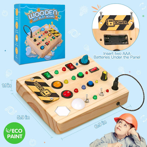 HONGDDY LED Busy Board, Wooden Sensory Toys for Toddler, Montessori Music Toy for Airplane, Travel Activity Educational Learning Toy, Busy Light S...
