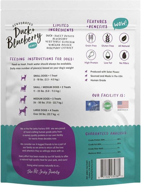 Premium Duck and Blueberry 12 oz. Dog Jerky Treats | 100% Human Grade | USA Made | High Protein | Grain Free | Limited Ingredients | No Filler | B...