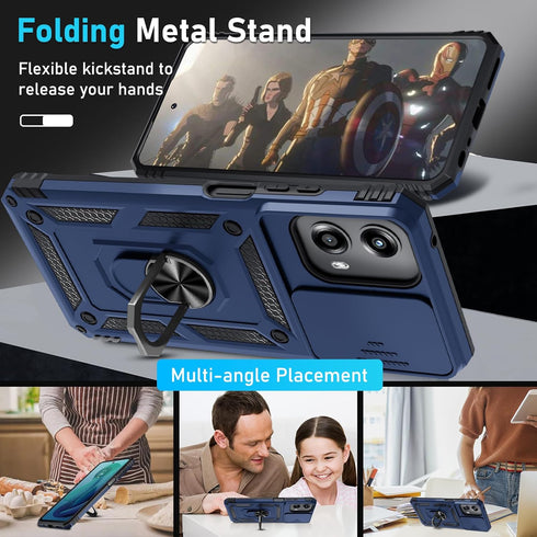 for Motorola Moto G 5G 2024 Case Built in Slide Camera Lens Cover+Screen Protector+Finger Ring Holder Kickstand,Heavy Duty Shockproof Full Body Pr...