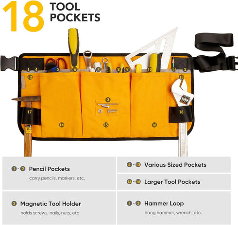 Waist Tool apron with 18 pockets, Heavy Duty Construction Tool Belt, Work Apron for Men and Women, Waist Size 28" to 57" (Wasit-Yellow)...
