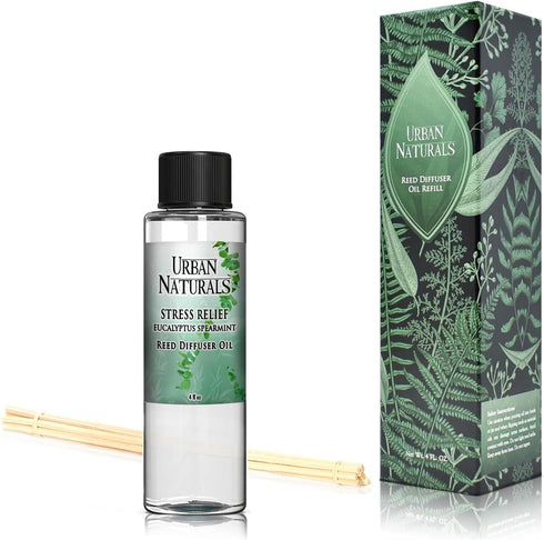 Urban Naturals Stress Relief Eucalyptus Spearmint Reed Diffuser Oil Refill | Fill Your own DIY Diffuser Bottle! Includes Replacement Reed Sticks...