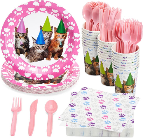 Juvale Kitten Party Supplies Set with Happy Birthday Cat Paper Plates - 144-Piece Pink Party Kit for 24 Guests - 9in Plates, 6.5in Napkins, 9oz Ca...