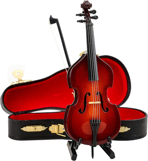 Dselvgvu Wooden Miniature Double Bass with Stand,Bow and Case Mini Contrabass Replica Mini Musical Instrument Collectible Miniature Dollhouse Mode...
