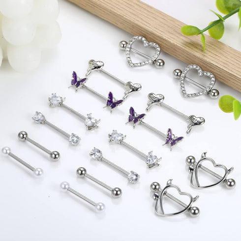 8 Pairs 14G Nipple Rings for Women Stainless Steel CZ Striaght Barbell Tongue Ring Nipple ring Set Butterfly Devil Heart Nipple Piercing Jewelry 1...