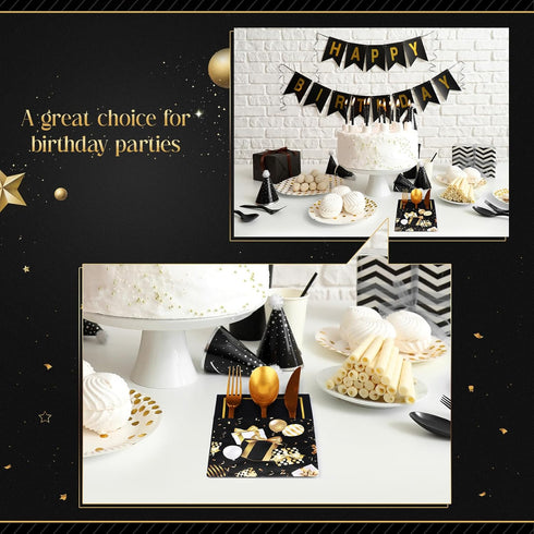 36 Pcs Black and Gold Birthday Party Favors Silverware Holder Bags Paper Utensil Cutlery Holder Disposable Knife Fork Spoon Sleeves Pocket for Hap...
