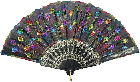INNOLIFE Elegant Colorful Embroidered Flower Peacock Pattern Sequin Fabric Folding Handheld Hand Fan Hand-Crafted (Full Set - 6pcs Mixed Colors)...