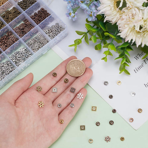 PH PandaHall 1200pcs 6 Styles Spacer Beads, 4 Colors Tibetan Flower Bicone Rondelle Beads Antique Alloy Spacers Beads Square Loose Beads for Brace...