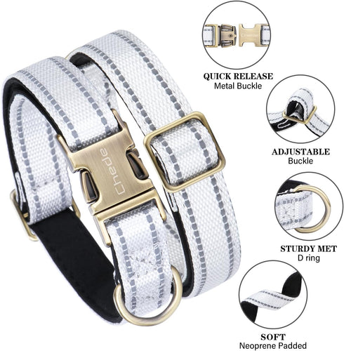 Reflective Dog Collar,Metal Buckle Soft Neoprene Padded Breathable Nylon Pet Collar Adjustable for Small Medium Large Boys Girls Dogs (White, Medi...