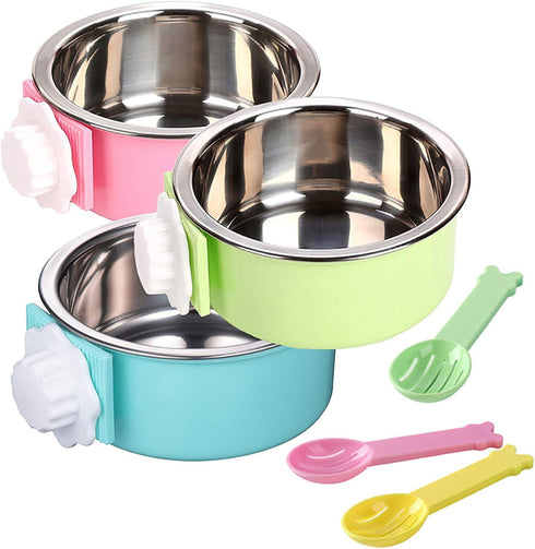 kathson 3 PCS Crate Dog Bowl, Stainless Steel Removable Hanging Cage Food Bowl Pet Food Spoon & Water Feeder Bowls Coop Cup for Puppy Cat Bird Rab...