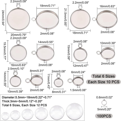UNICRAFTALE About 60pcs Stainless Steel Bezel Trays Flat Round Pendant Trays Bezel with Glass Cabochon Pendant Trays Kit with Jump Rings for DIY J...