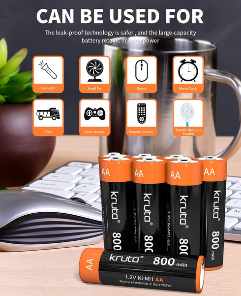 Kruta NiMH Rechargeable AA Batteries, 1.2V 800mAh Rechargeable AA Solar Batteries for Outdoor Solar Lights and Household Devices, Pre-Charged (AA ...