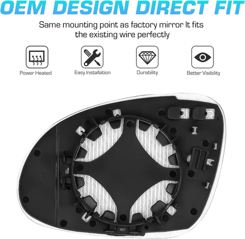 Passenger Right Side Heated Mirror - Side View Heated Convex Mirror Glass with Rear Holder Compatible with 2005-2010 Volkswagen VW R32 EOS GTI Rab...