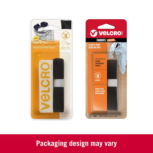 VELCRO Brand Sleek and Thin Stick On Tape for Fabrics | 24in x 3/4in, Black | Soft on Skin Ultra Light | Adhesive Back No Sewing Needed...