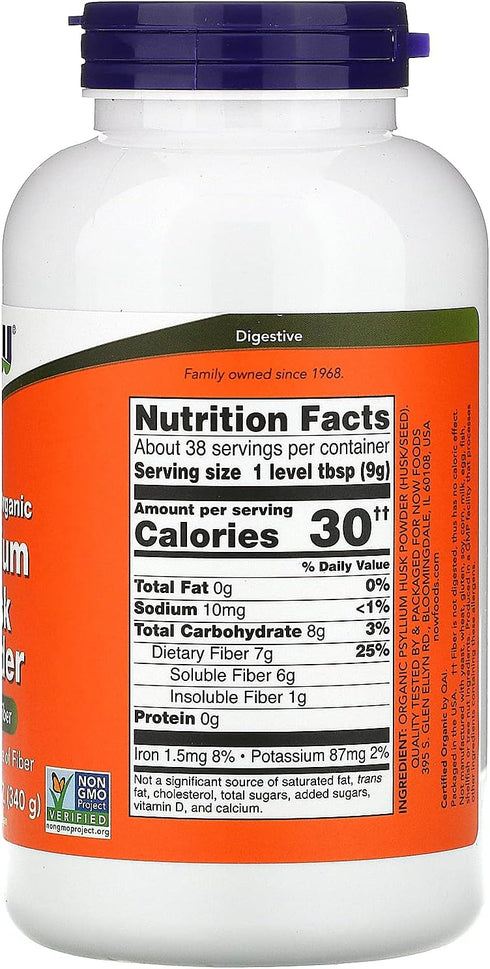 NOW Supplements, Psyllium Husk Powder, Certified Organic, Non-GMO Project Verified, Soluble Fiber, 12-Ounce...