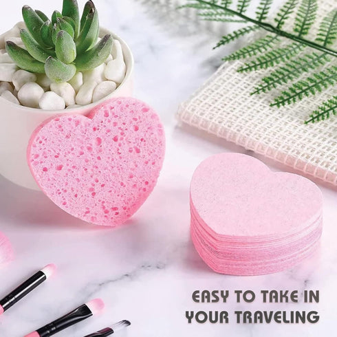 60-Count Compressed Facial Sponges, 100% Natural Cosmetic Spa Sponges for Facial Cleansing, Exfoliating Mask (Pink Heart)...