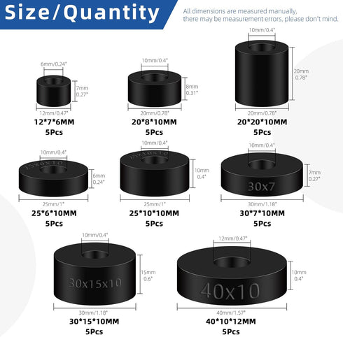 Glarks 40Pcs 8 Sizes Round Rubber Spacer Assortment Kit, Multi Purpose Black Round Neoprene Washers Anti Vibration Rubber Spacer Bushings for Elec...